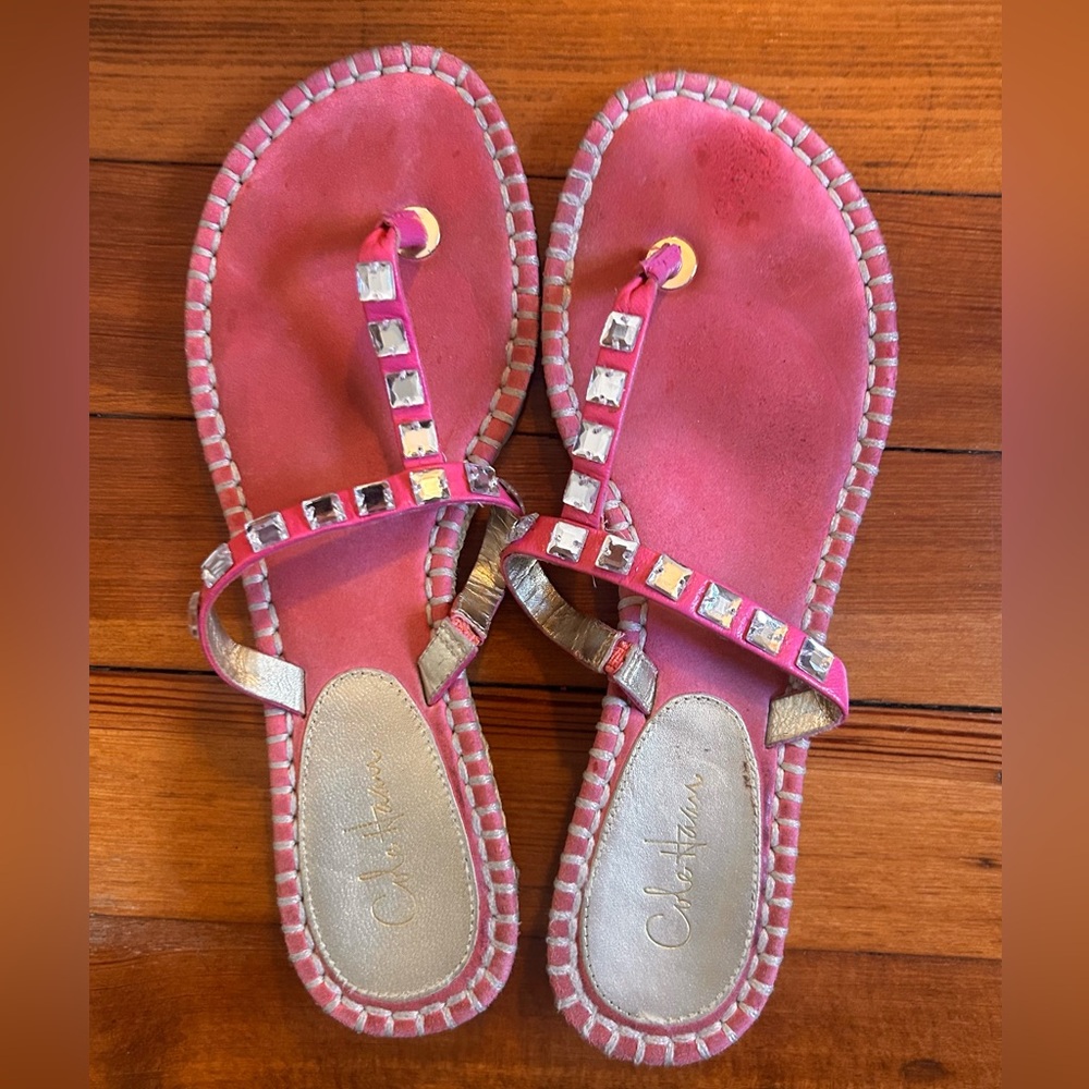 Pink Jeweled T-Strap Sandals